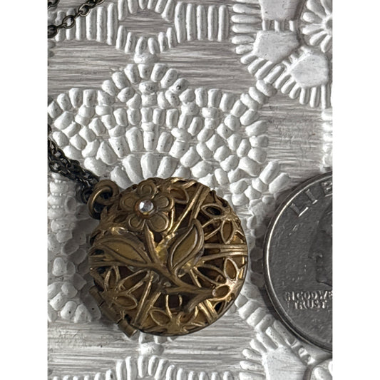 Romantic Photo Locket: Vintage Gold-Tone Daisy Pendant Rhinestone Accent Chain