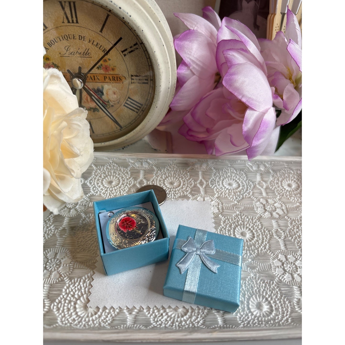 Vintage Silver Pressed Red Poppy Flower Medallion Locket Pendant