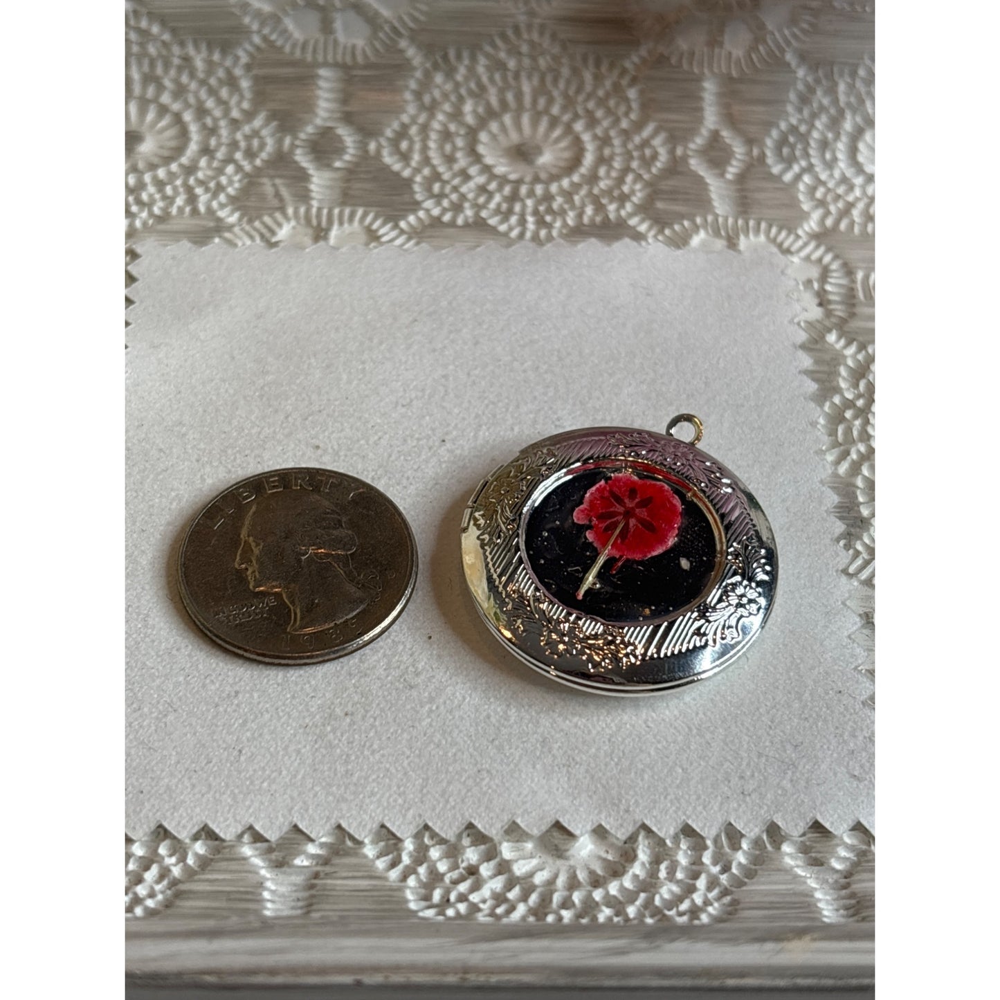 Vintage Silver Pressed Red Poppy Flower Medallion Locket Pendant