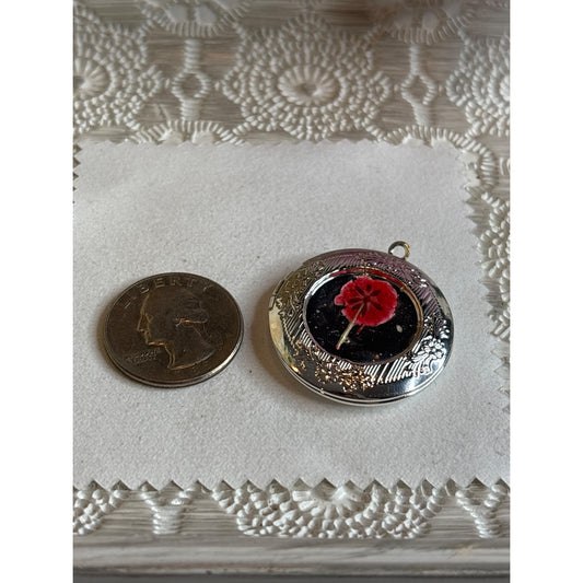 Vintage Silver Pressed Red Poppy Flower Medallion Locket Pendant