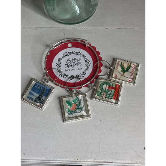 Vintage Christmas Stamp Wine Charms – Set of 4 • Wine Bottle Gift • Personalized Tag Option