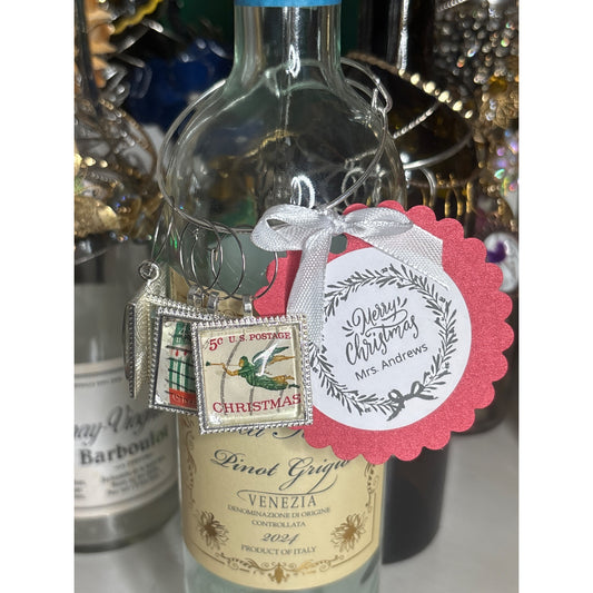 Vintage Christmas Stamp Wine Charms – Set of 4 • Wine Bottle Gift • Personalized Tag Option