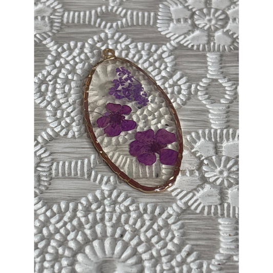Pressed Flower Resin Pendant With Gold Tone Frame Oval Real Purple Flowers