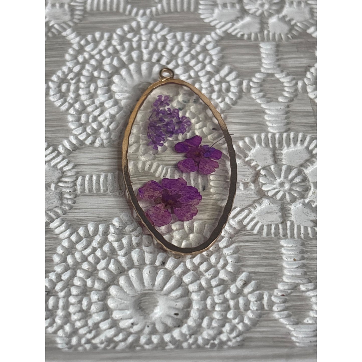Pressed Flower Resin Pendant With Gold Tone Frame Oval Real Purple Flowers