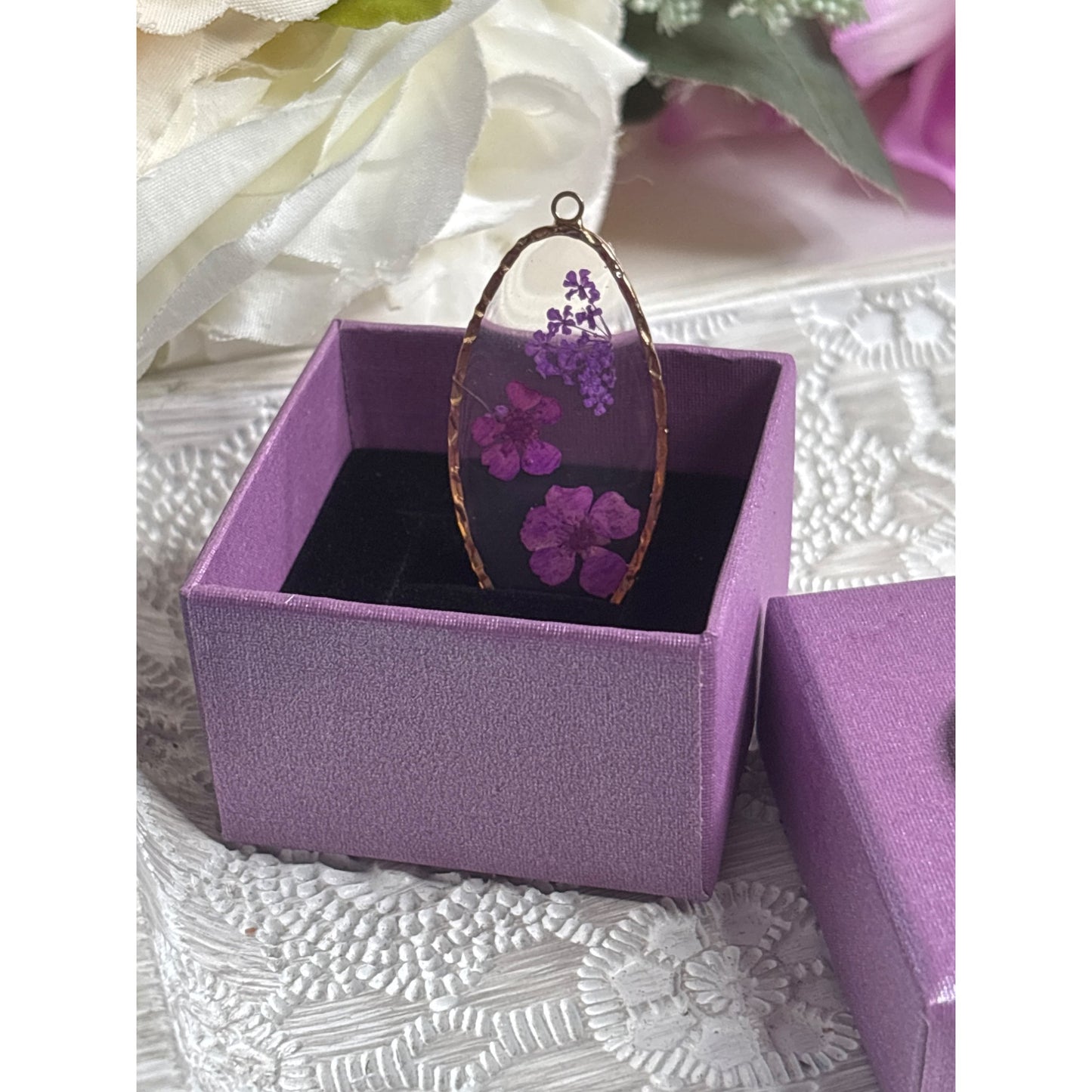 Pressed Flower Resin Pendant With Gold Tone Frame Oval Real Purple Flowers