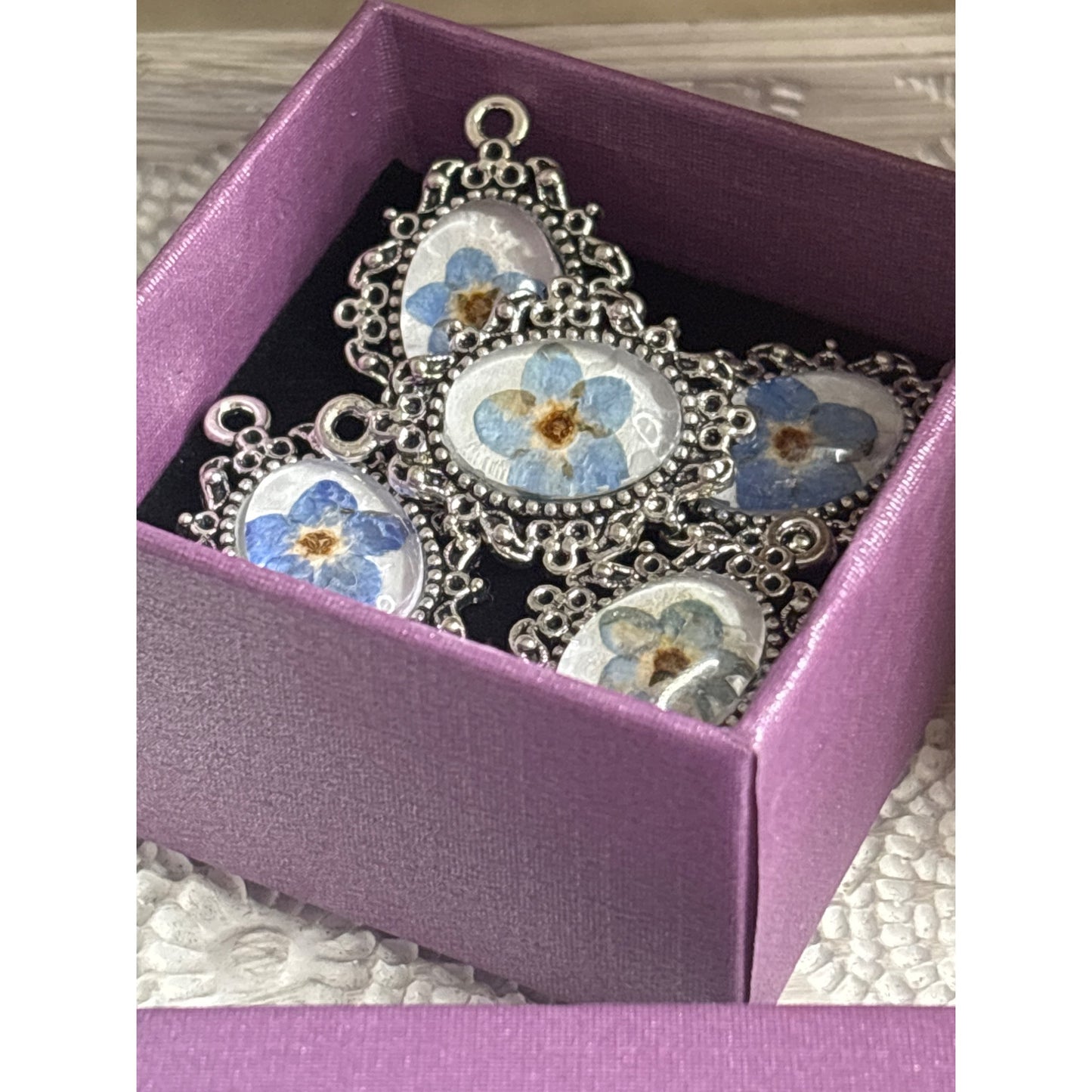 Handmade Forget-Me-Not Flower Charms Set Of 5 Bridesmaid Bouquet Necklace Pendant