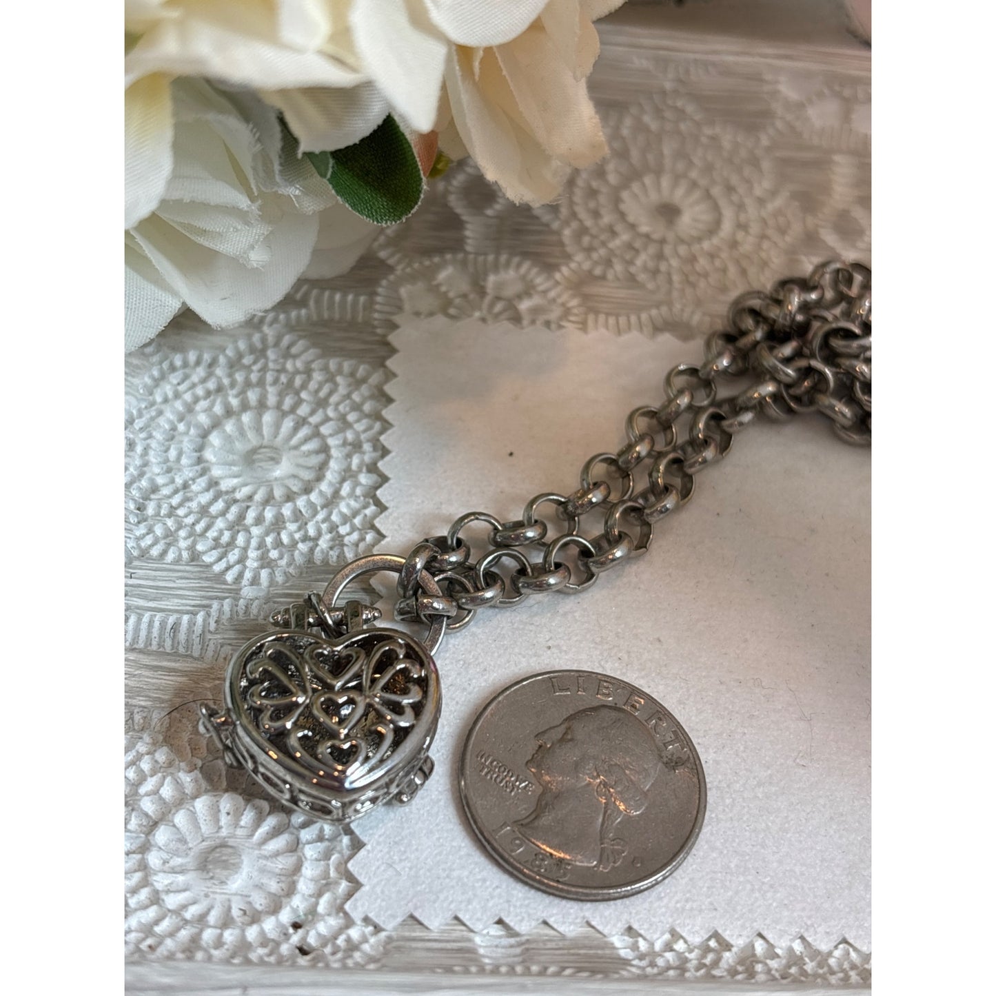 Photo Keepsake: Vintage Silver-Tone Heart Locket Necklace  Filigree Detailing Blue Gift Box