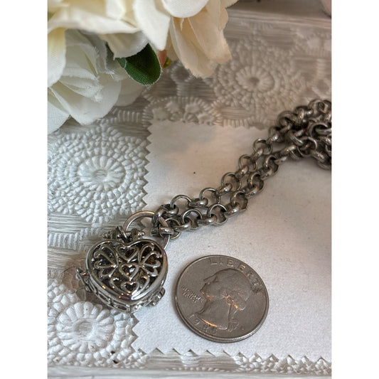 Photo Keepsake: Vintage Silver-Tone Heart Locket Necklace  Filigree Detailing Blue Gift Box