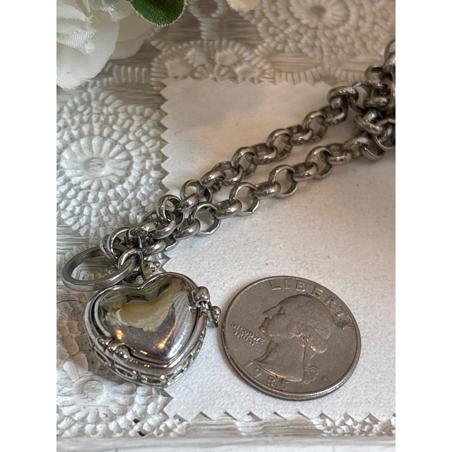 Photo Keepsake: Vintage Silver-Tone Heart Locket Necklace  Filigree Detailing Blue Gift Box