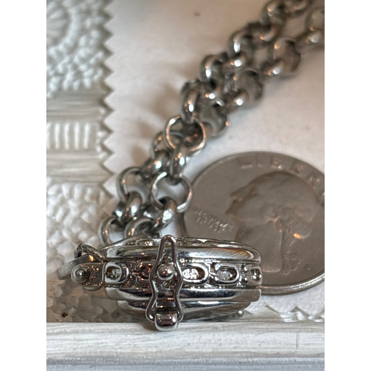 Photo Keepsake: Vintage Silver-Tone Heart Locket Necklace  Filigree Detailing Blue Gift Box