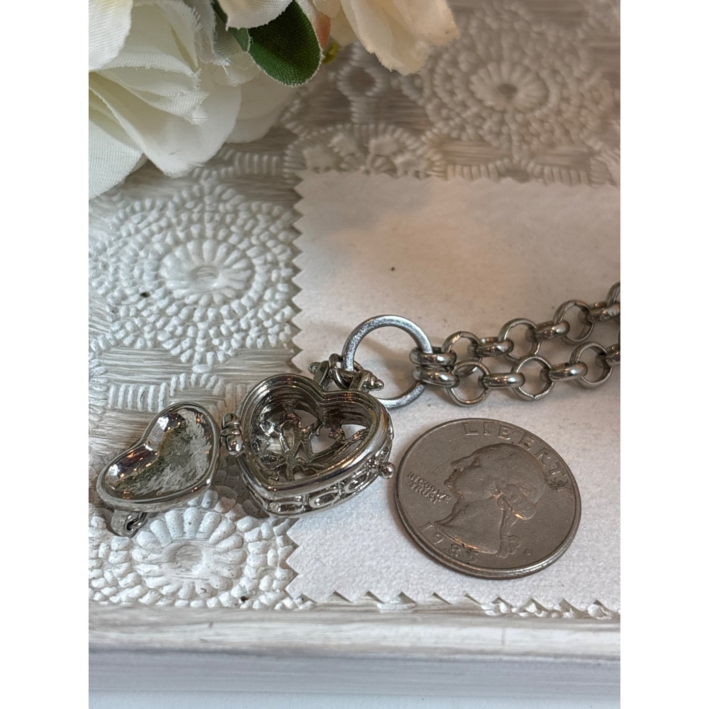 Photo Keepsake: Vintage Silver-Tone Heart Locket Necklace  Filigree Detailing Blue Gift Box