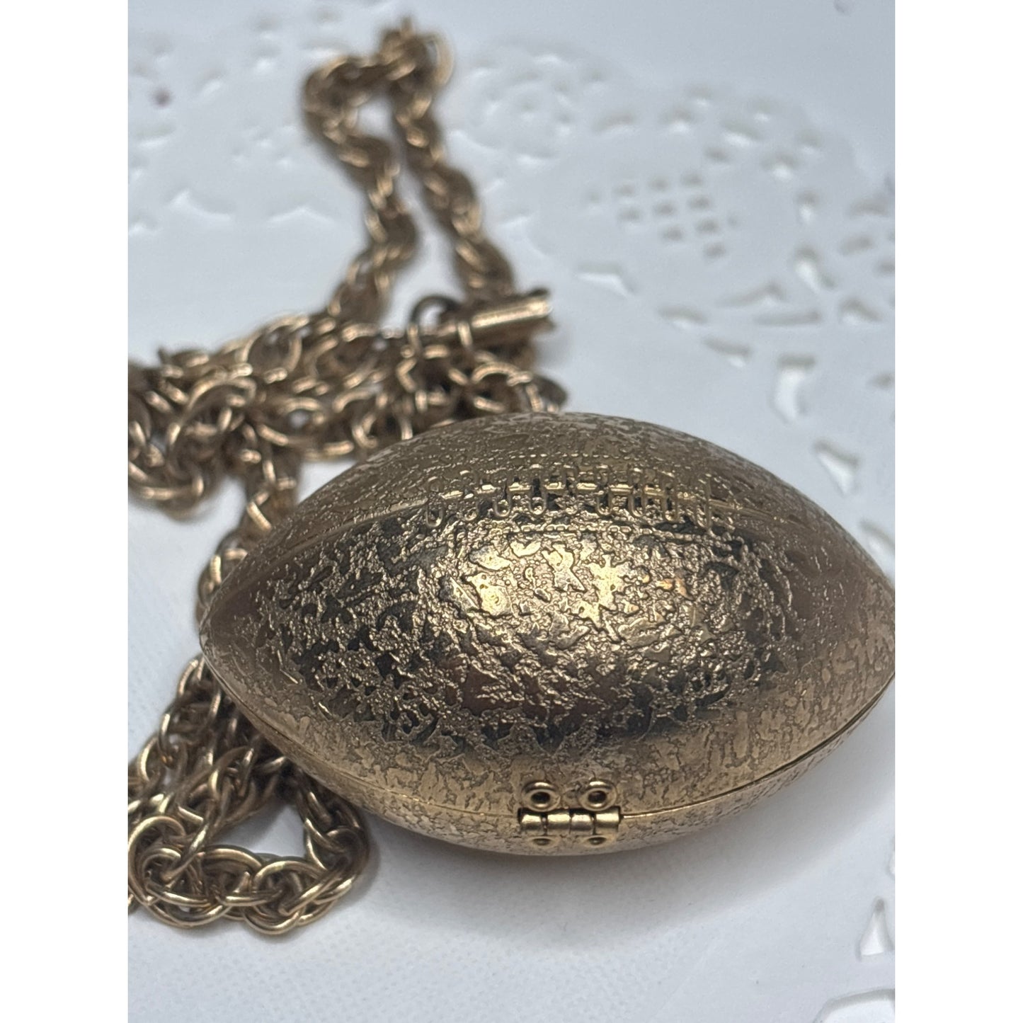 Vintage Gold-Toned Locket Necklace Football Hinged Clasp Long Chain Game Memento Folded Prayer