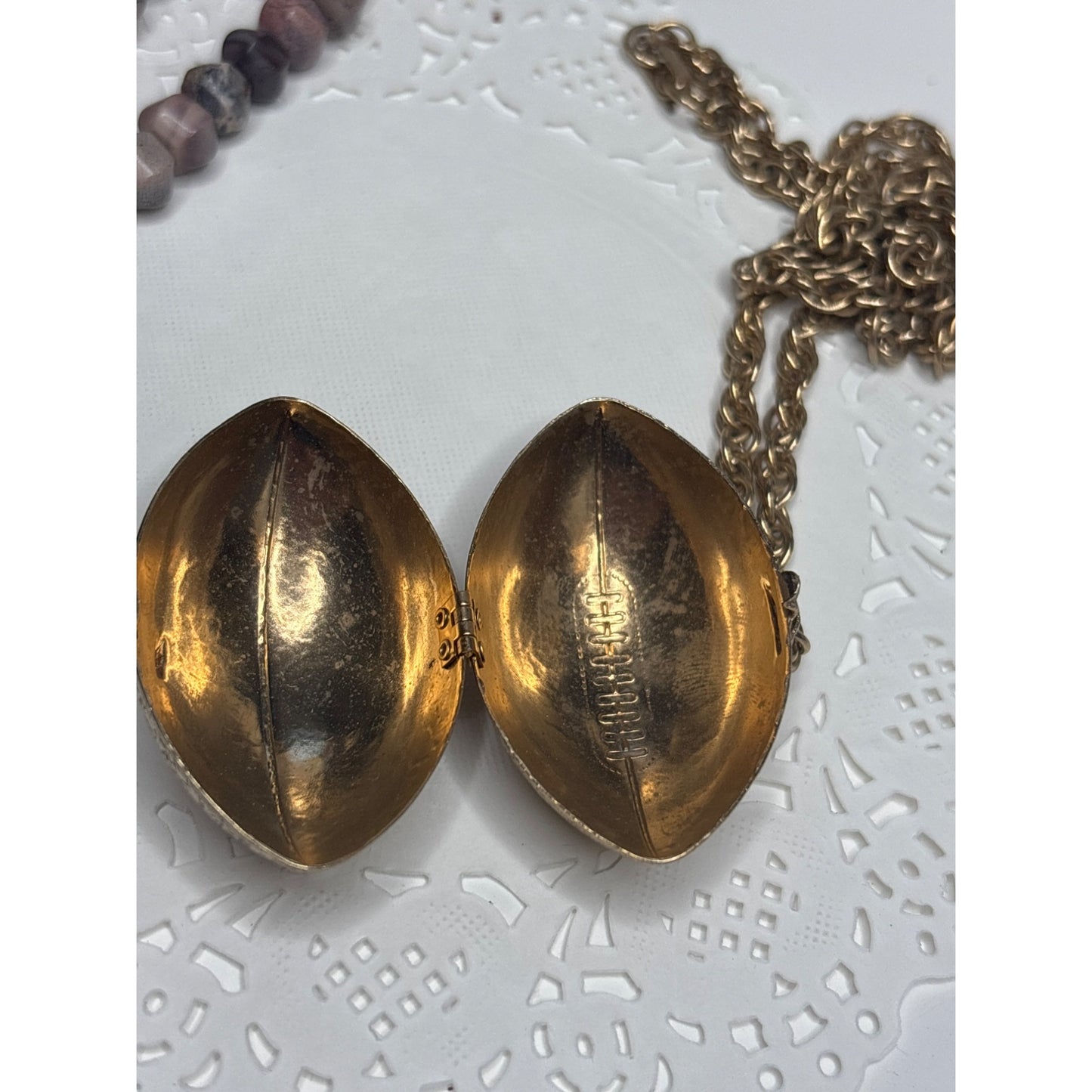 Vintage Gold-Toned Locket Necklace Football Hinged Clasp Long Chain Game Memento Folded Prayer
