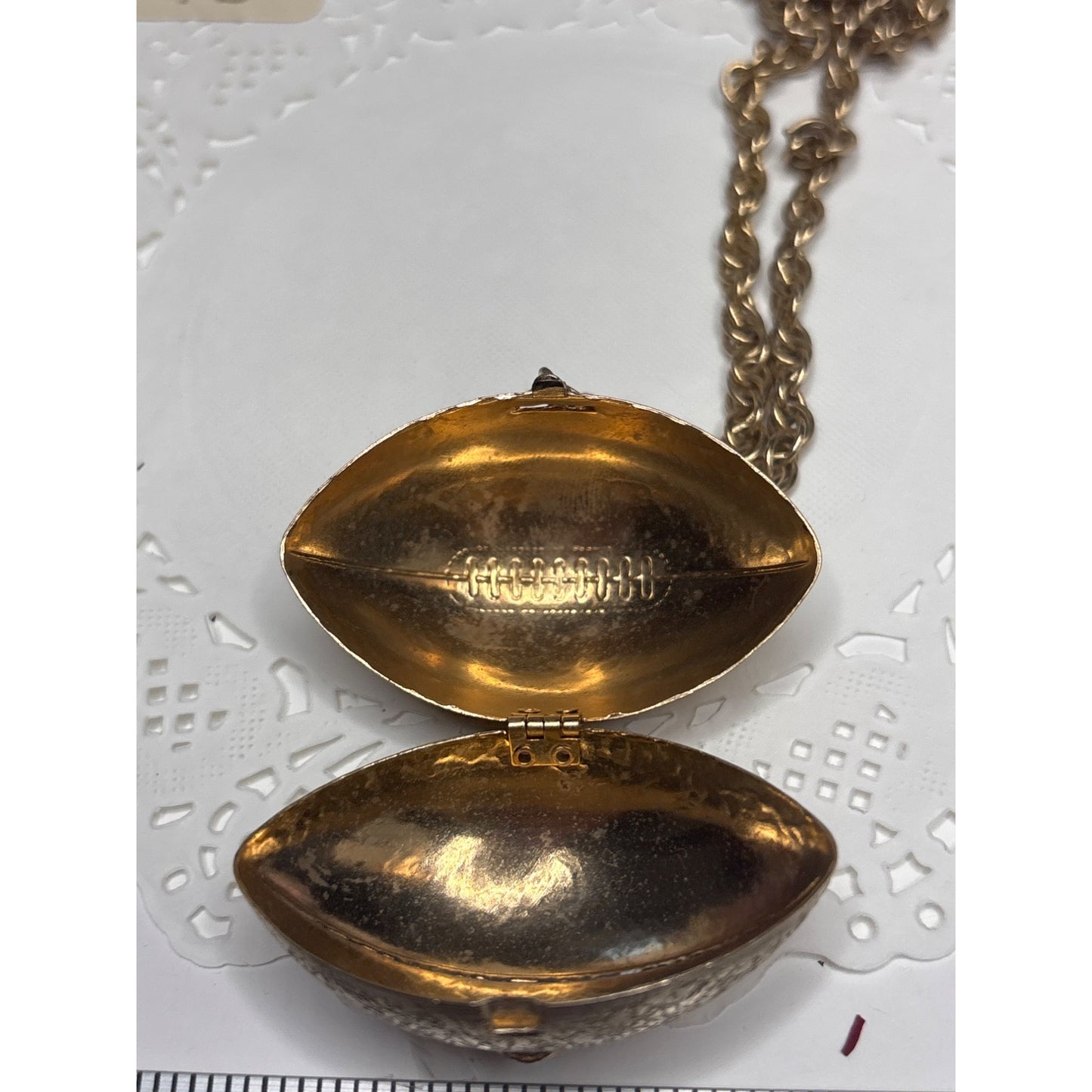 Vintage Gold-Toned Locket Necklace Football Hinged Clasp Long Chain Game Memento Folded Prayer