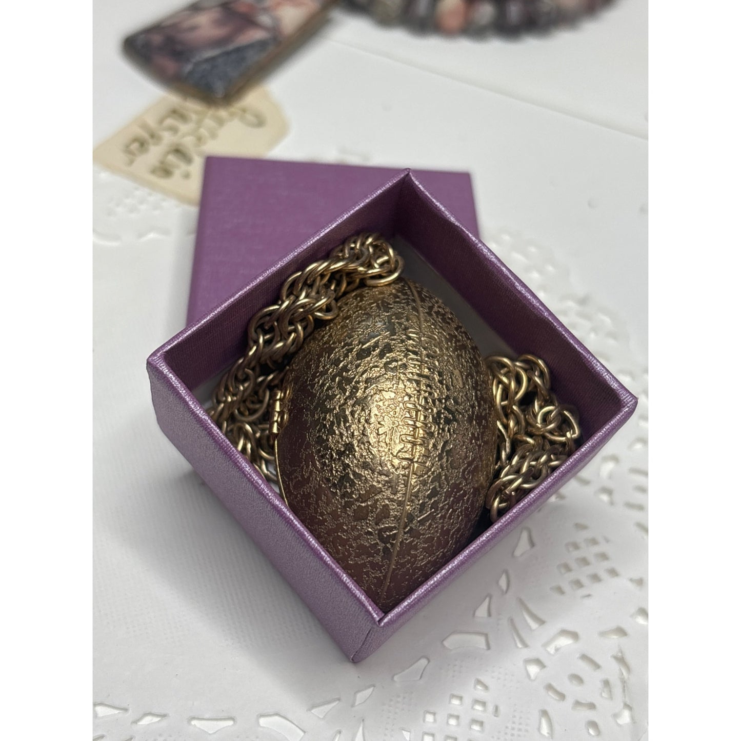 Vintage Gold-Toned Locket Necklace Football Hinged Clasp Long Chain Game Memento Folded Prayer