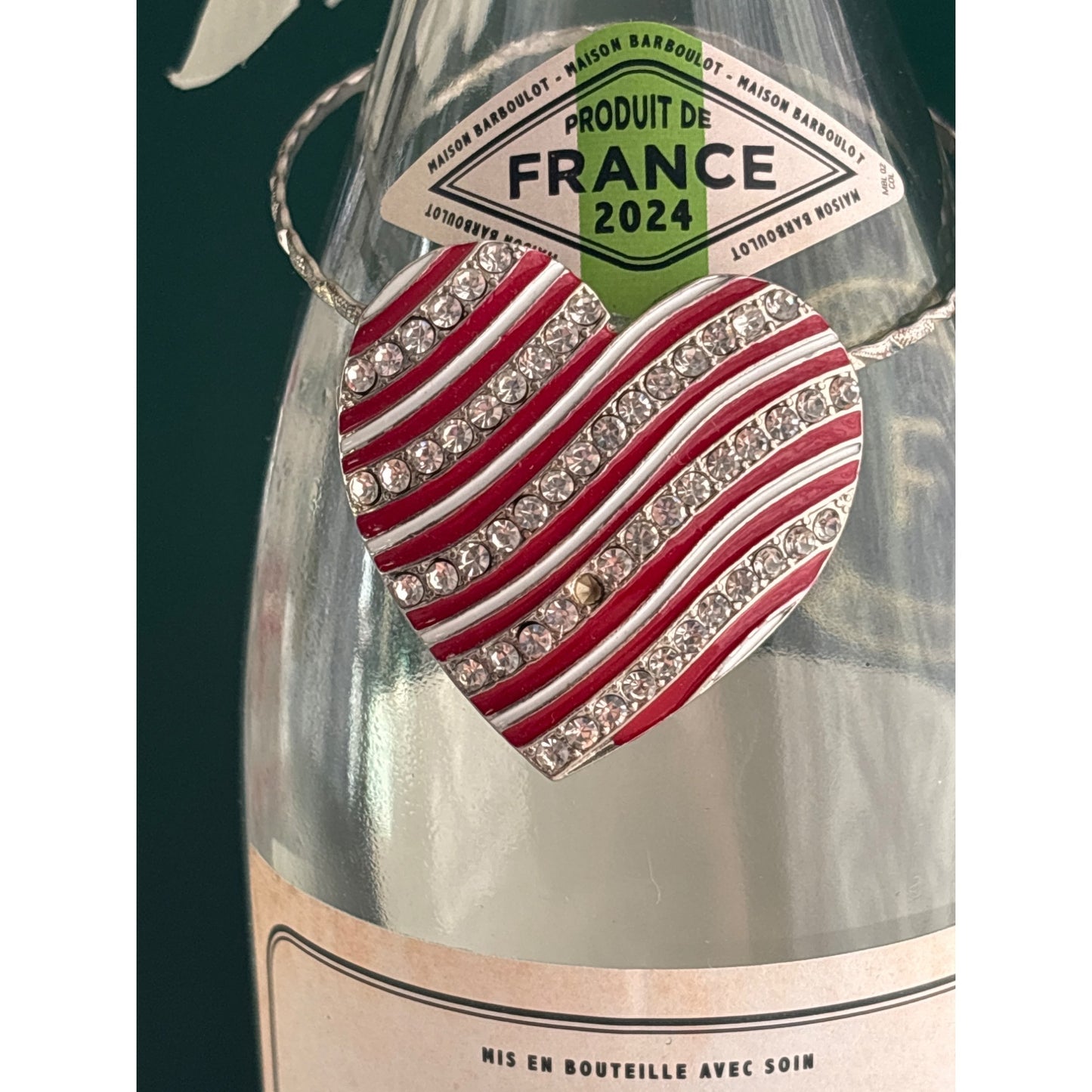 Rhinestone Red Holiday Heart | Wine Bottle Jewelry by Reimagined from the Chateau | Handcrafted with Love