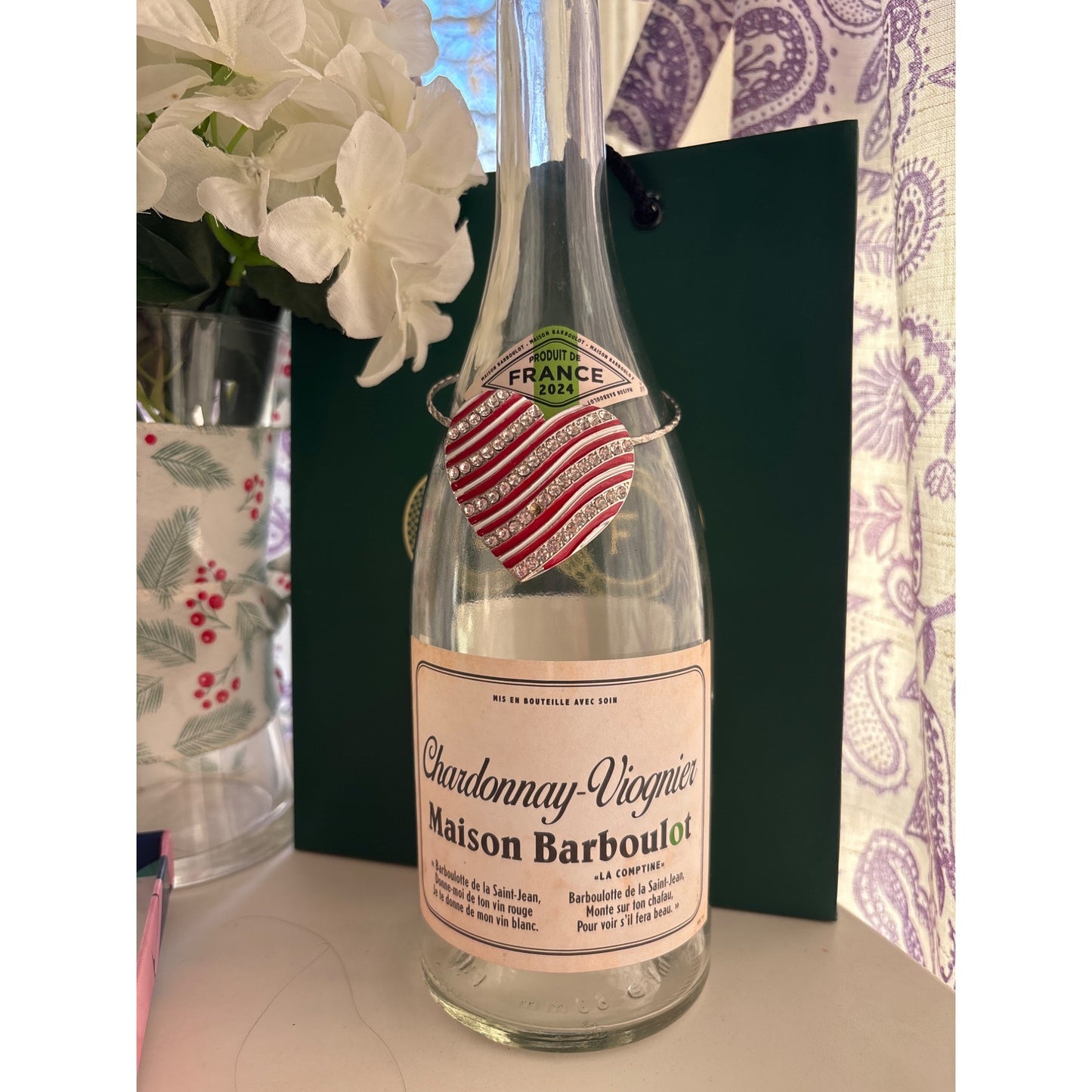 Rhinestone Red Holiday Heart | Wine Bottle Jewelry by Reimagined from the Chateau | Handcrafted with Love