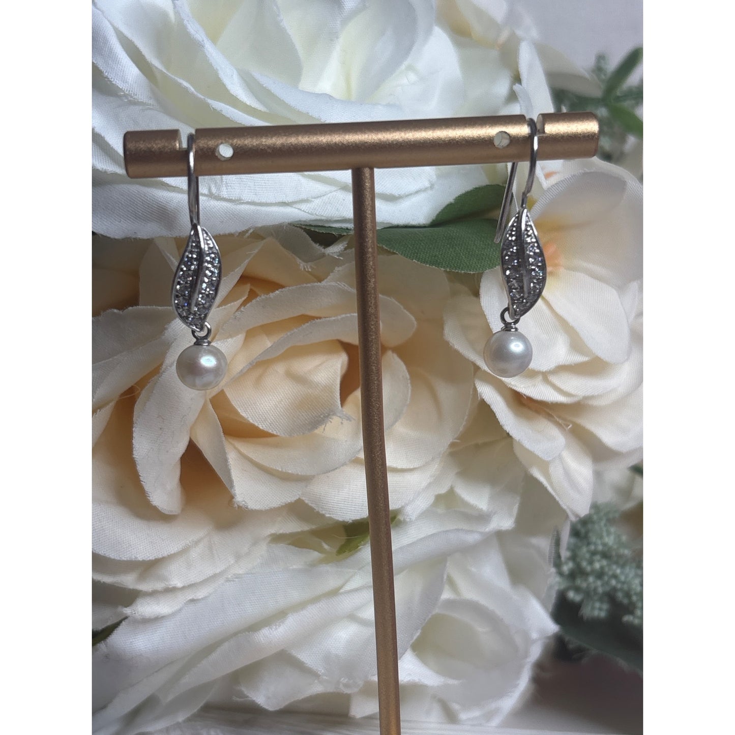 Sterling Silver & Pearl Drop Earrings With CZ Leaf Design 925 Stamped Mark Elegant Dangle Style With Box