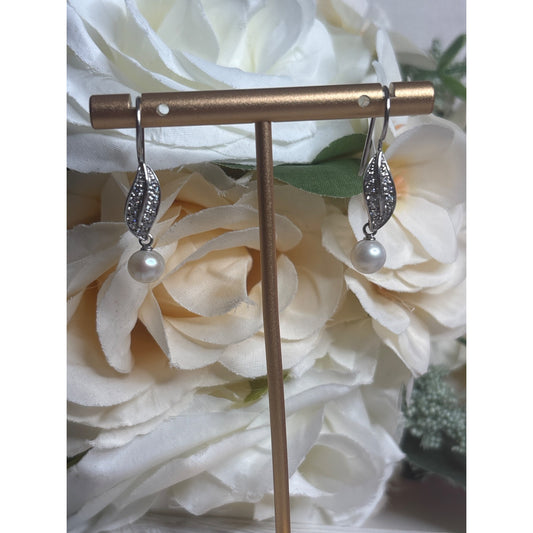 Sterling Silver & Pearl Drop Earrings With CZ Leaf Design 925 Stamped Mark Elegant Dangle Style With Box