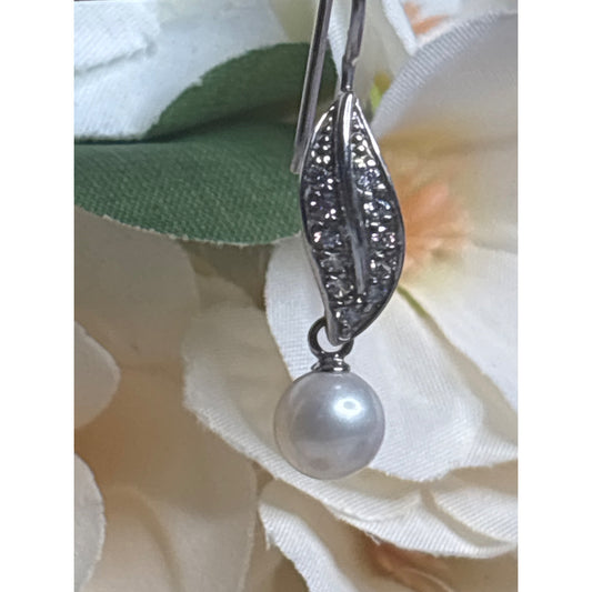 Sterling Silver & Pearl Drop Earrings With CZ Leaf Design 925 Stamped Mark Elegant Dangle Style With Box