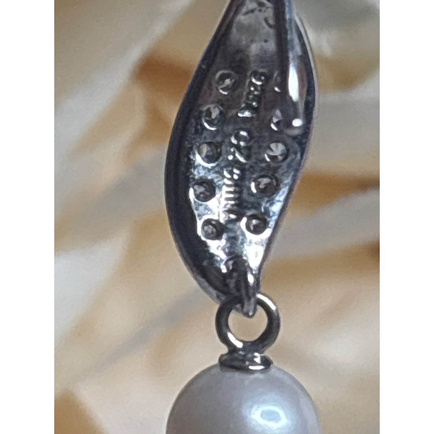 Sterling Silver & Pearl Drop Earrings With CZ Leaf Design 925 Stamped Mark Elegant Dangle Style With Box