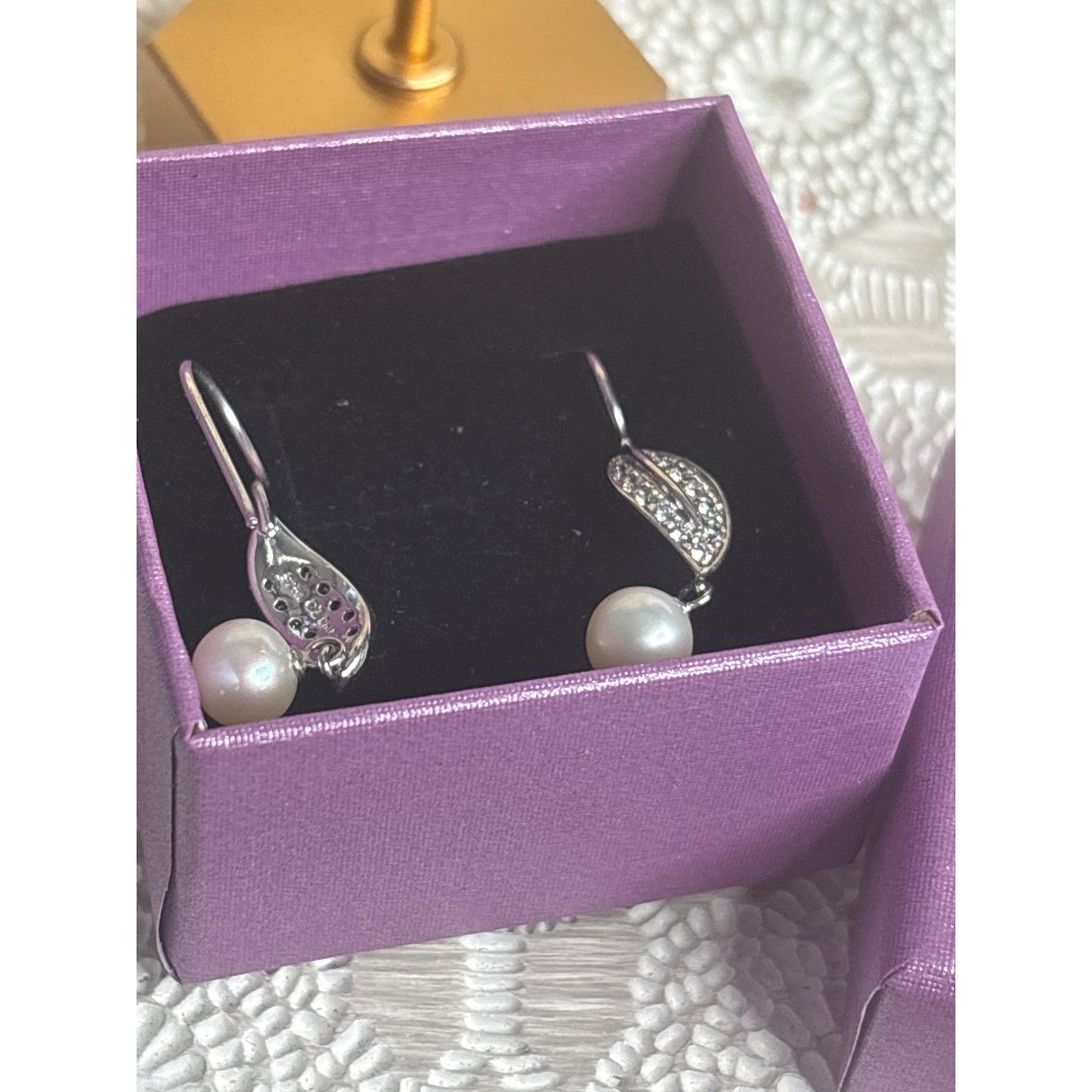 Sterling Silver & Pearl Drop Earrings With CZ Leaf Design 925 Stamped Mark Elegant Dangle Style With Box