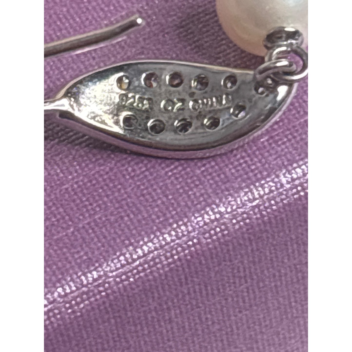 Sterling Silver & Pearl Drop Earrings With CZ Leaf Design 925 Stamped Mark Elegant Dangle Style With Box