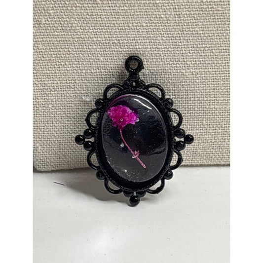 Real Pressed Pink Flower Encased in Resin; Black Pendant with 18" Chain
