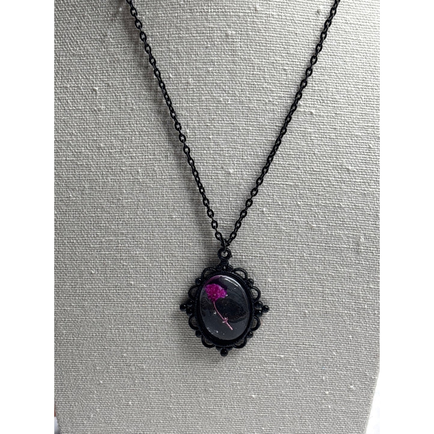 Real Pressed Pink Flower Encased in Resin; Black Pendant with 18" Chain