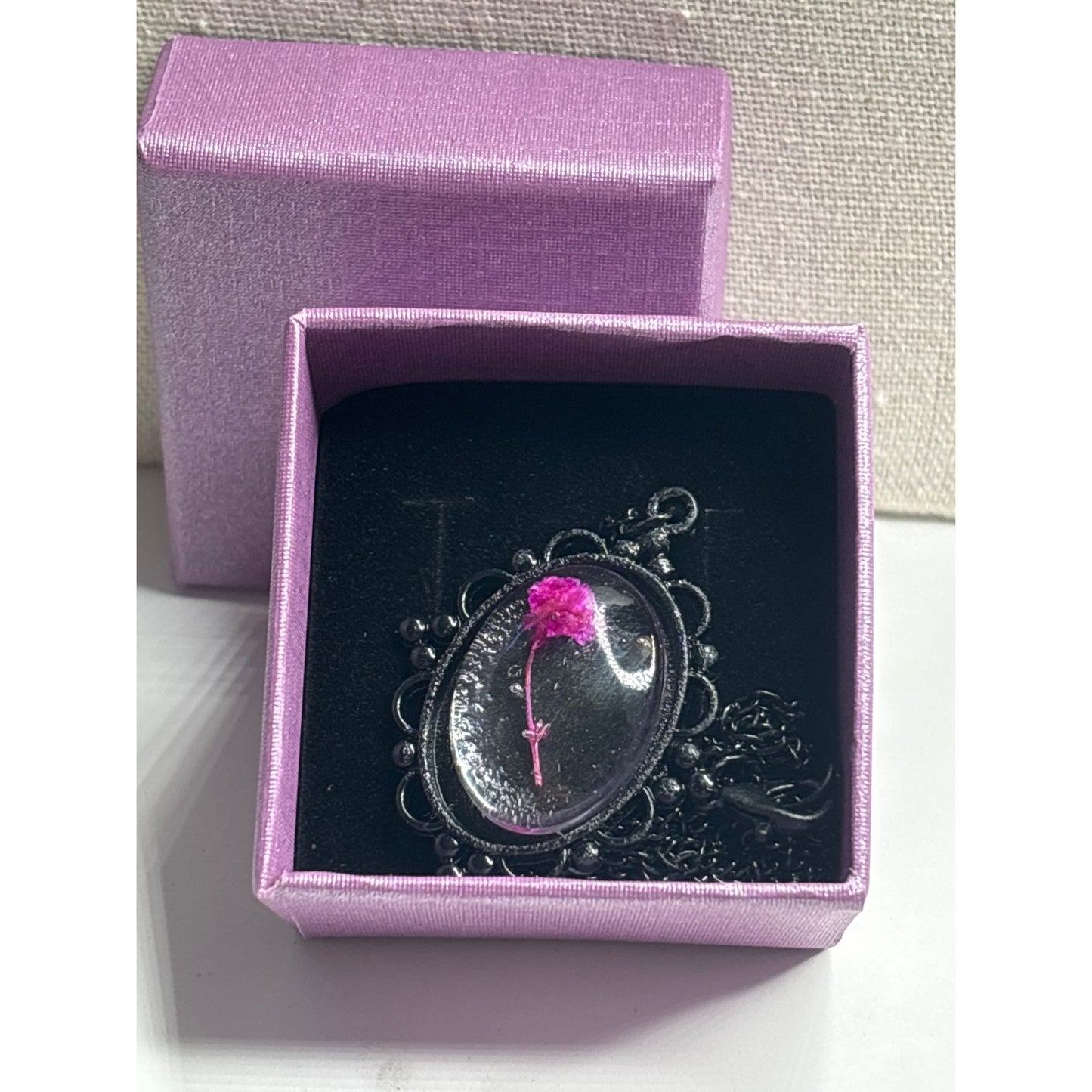 Real Pressed Pink Flower Encased in Resin; Black Pendant with 18" Chain