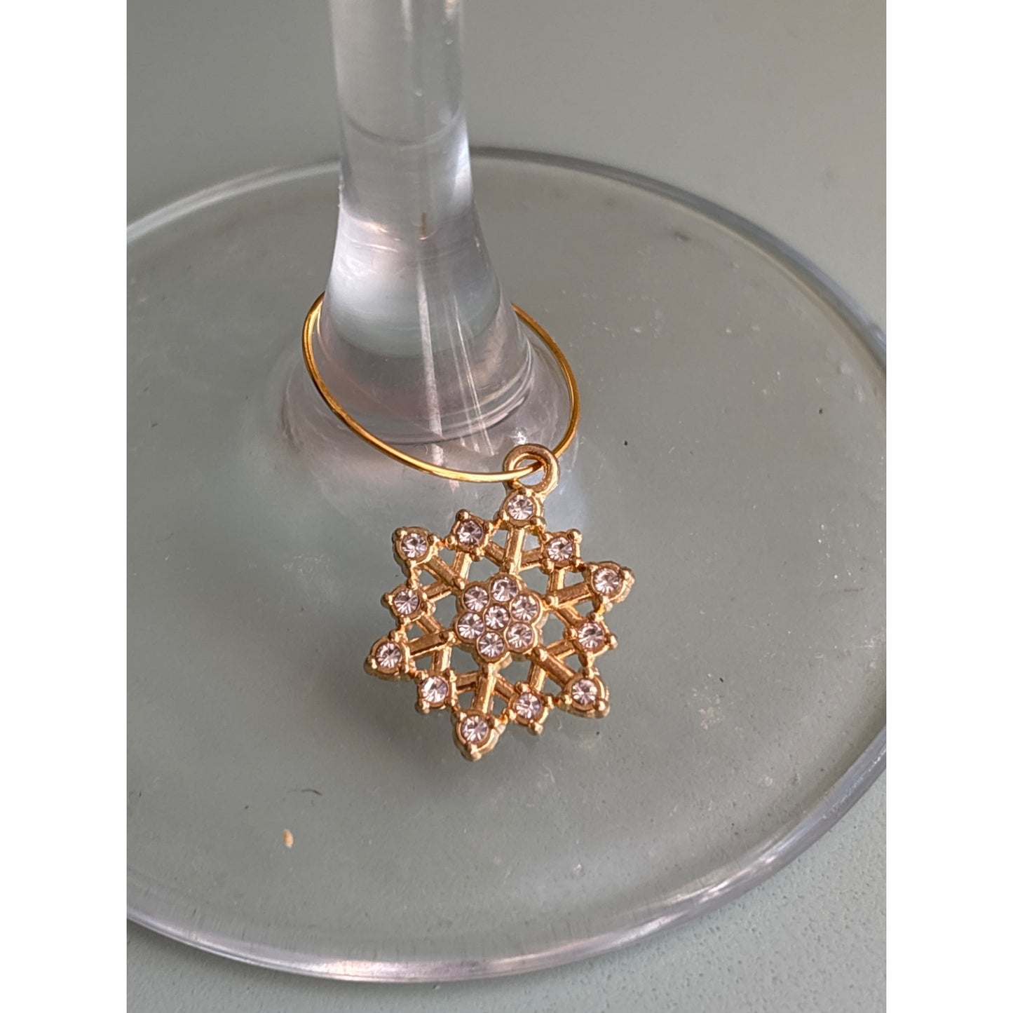 Gold Snowflake Wine Glass Charms Set With Rhinestones & Enamel - Elegant Party Drink Markers