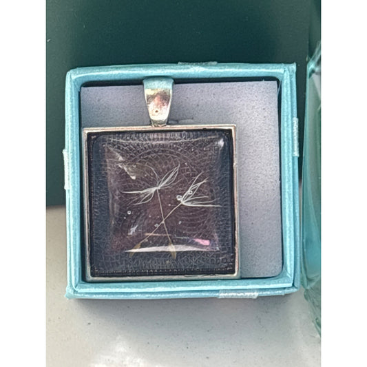 Square Resin Pendant Necklace Two Pressed Dandelion Seeds Handmade in San Diego
