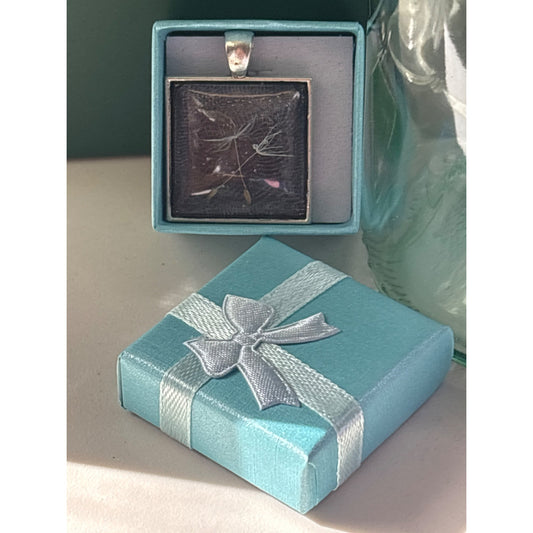 Square Resin Pendant Necklace Two Pressed Dandelion Seeds Handmade in San Diego