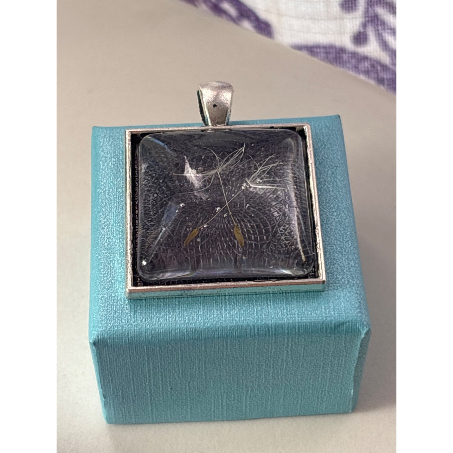 Square Resin Pendant Necklace Two Pressed Dandelion Seeds Handmade in San Diego