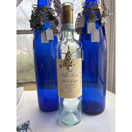 Gold-Tone Christmas Tree Wine Bottle Jewelry With Multicolored Rhinestones & Beaded Chain Accent