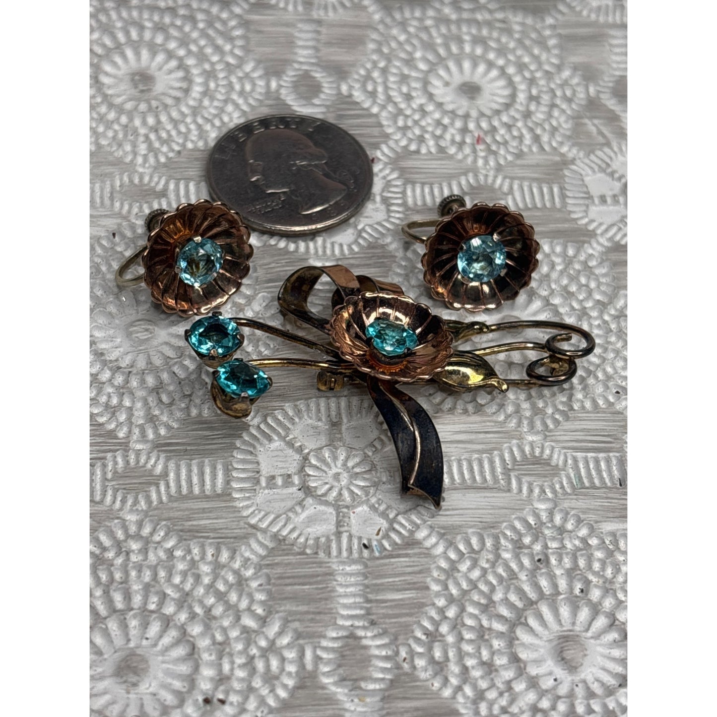 Vintage 10K Gold-Filled Over Sterling Floral Brooch & Earrings Set Aqua Blue Rhinestones