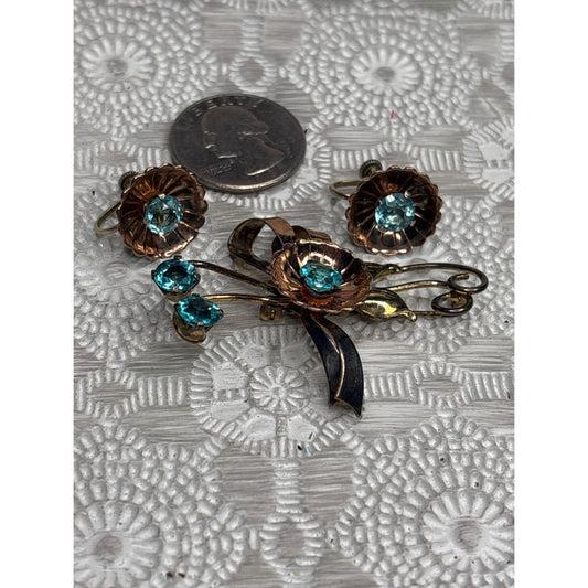 Vintage 10K Gold-Filled Over Sterling Floral Brooch & Earrings Set Aqua Blue Rhinestones