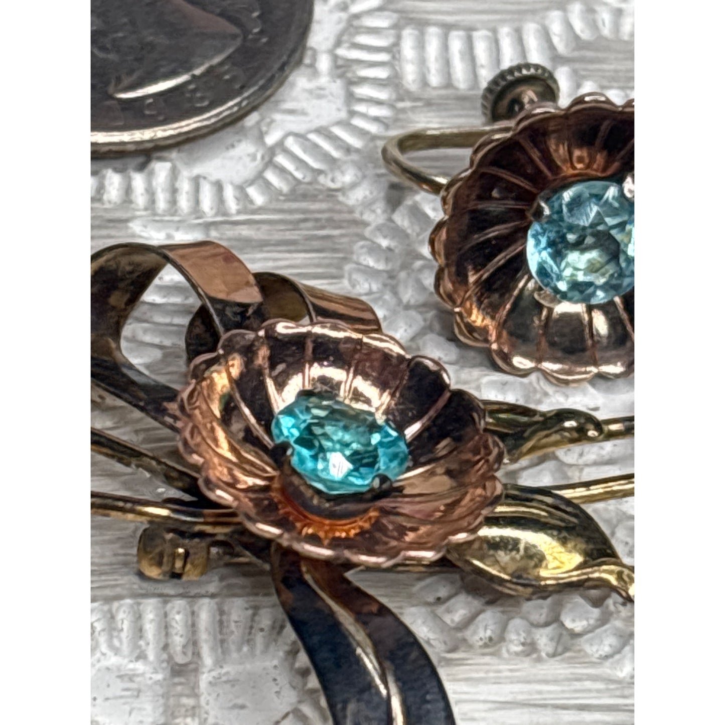 Vintage 10K Gold-Filled Over Sterling Floral Brooch & Earrings Set Aqua Blue Rhinestones
