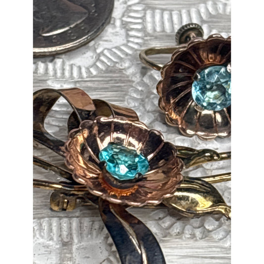 Vintage 10K Gold-Filled Over Sterling Floral Brooch & Earrings Set Aqua Blue Rhinestones