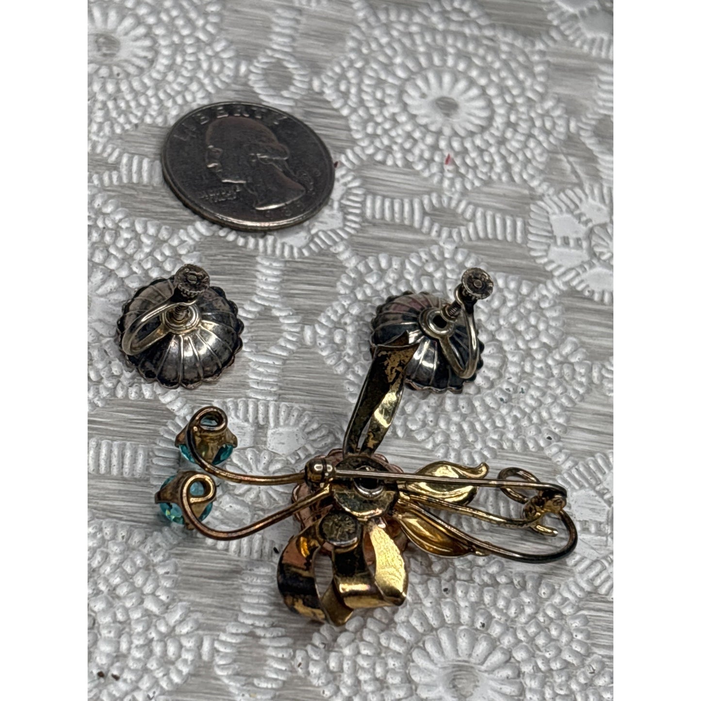 Vintage 10K Gold-Filled Over Sterling Floral Brooch & Earrings Set Aqua Blue Rhinestones