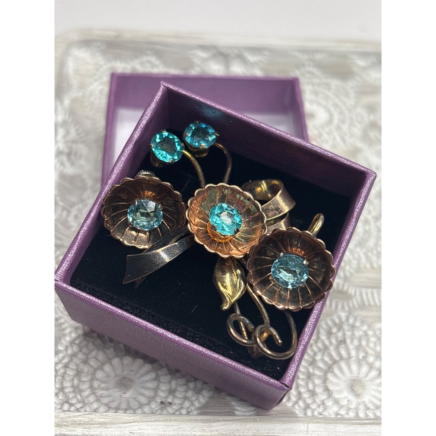 Vintage 10K Gold-Filled Over Sterling Floral Brooch & Earrings Set Aqua Blue Rhinestones