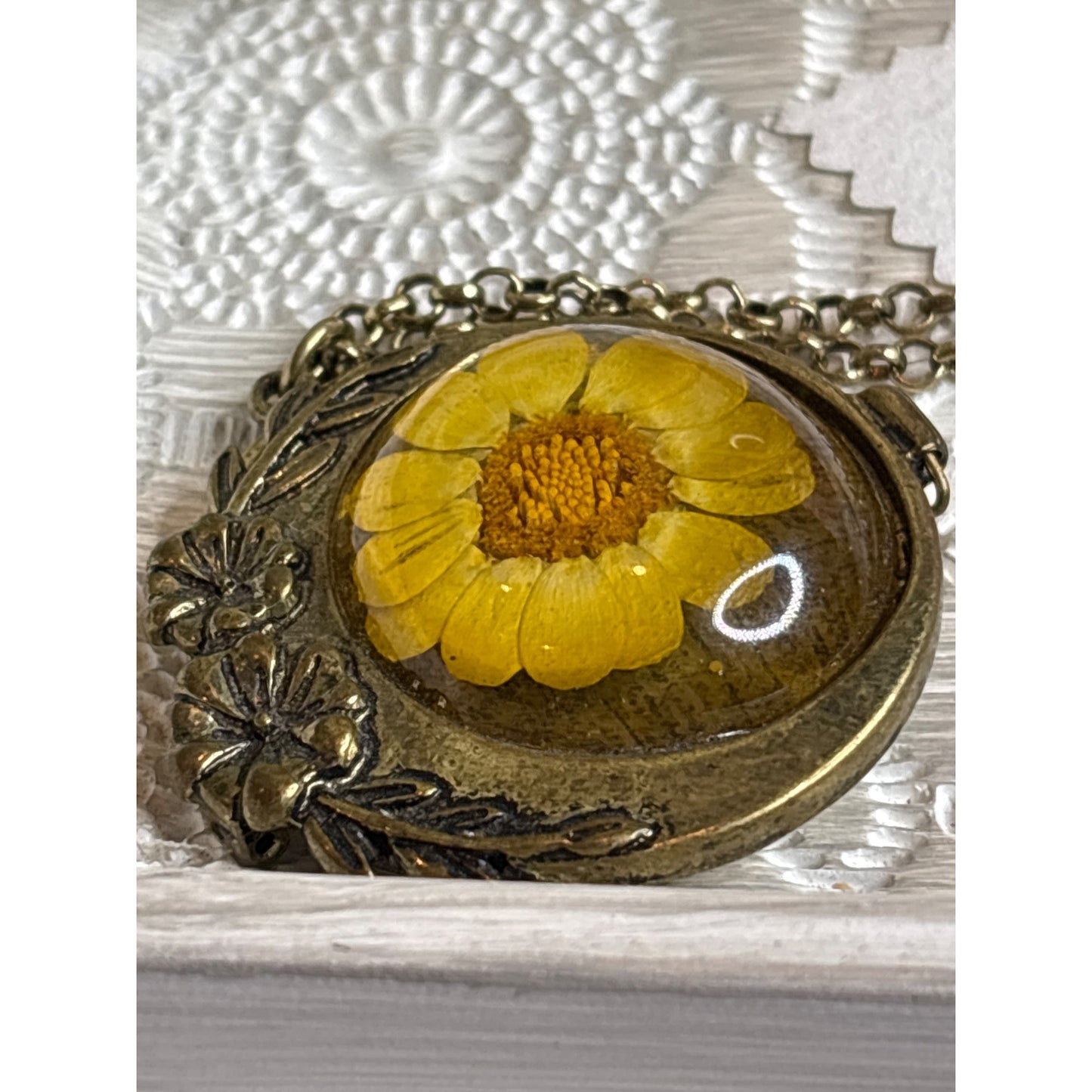 Photo Locket: Vintage Pressed Yellow Daisy Bronze Necklace Botanical Jewelry