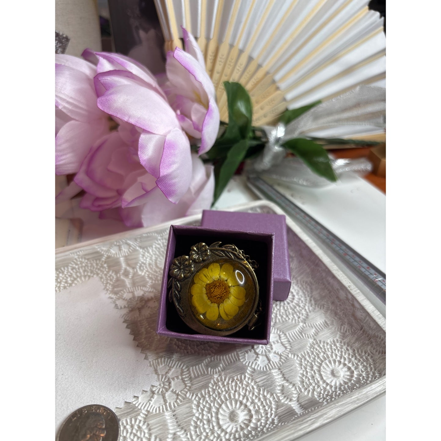 Photo Locket: Vintage Pressed Yellow Daisy Bronze Necklace Botanical Jewelry