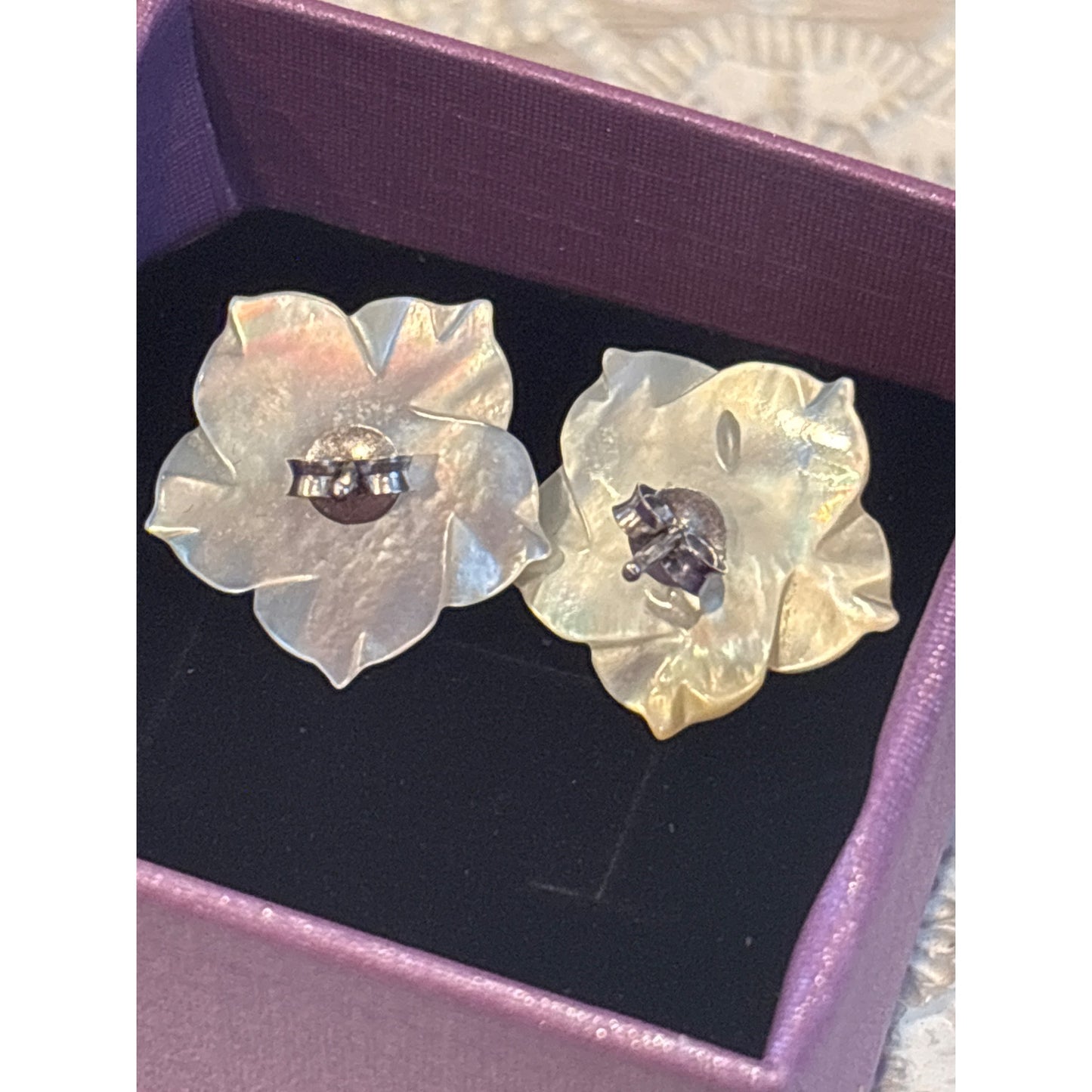 Vintage Mother Of Pearl & Pearl Flower Stud Earrings Sterling Silver 925