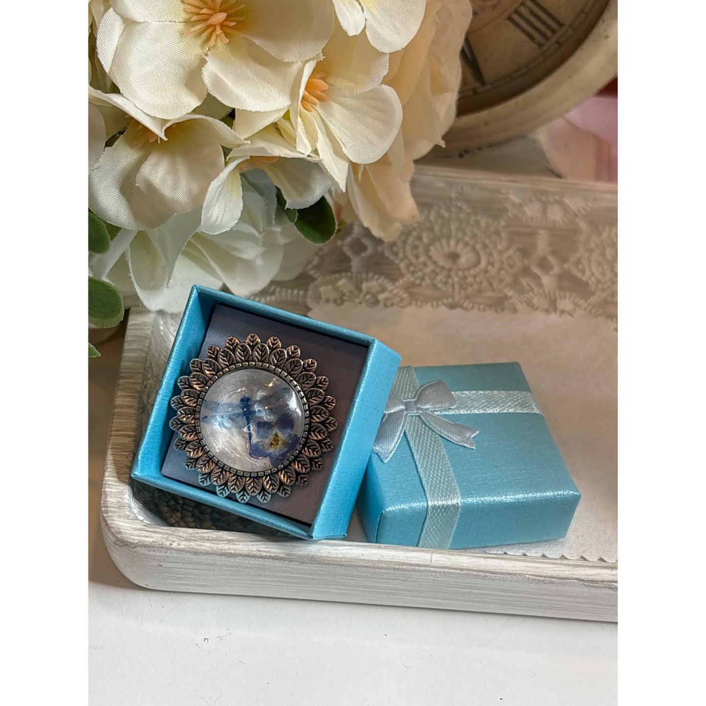 Pressed Forget-Me-Not and Blue Dragonfly Wedding Bouquet Brooch Handmade Memorial Pin