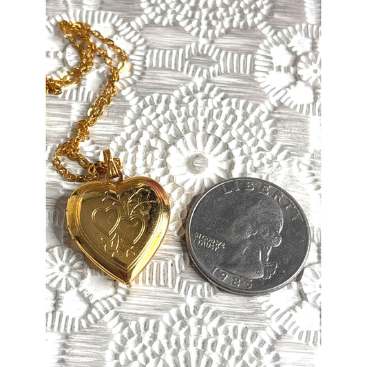 Gold Tone Heart Locket Necklace With Floral Engraving & Chain In Gift Box