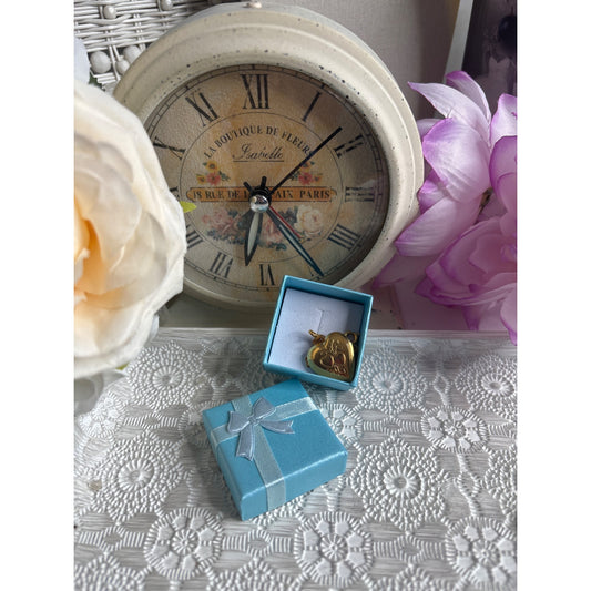 Gold Tone Heart Locket Necklace With Floral Engraving & Chain In Gift Box