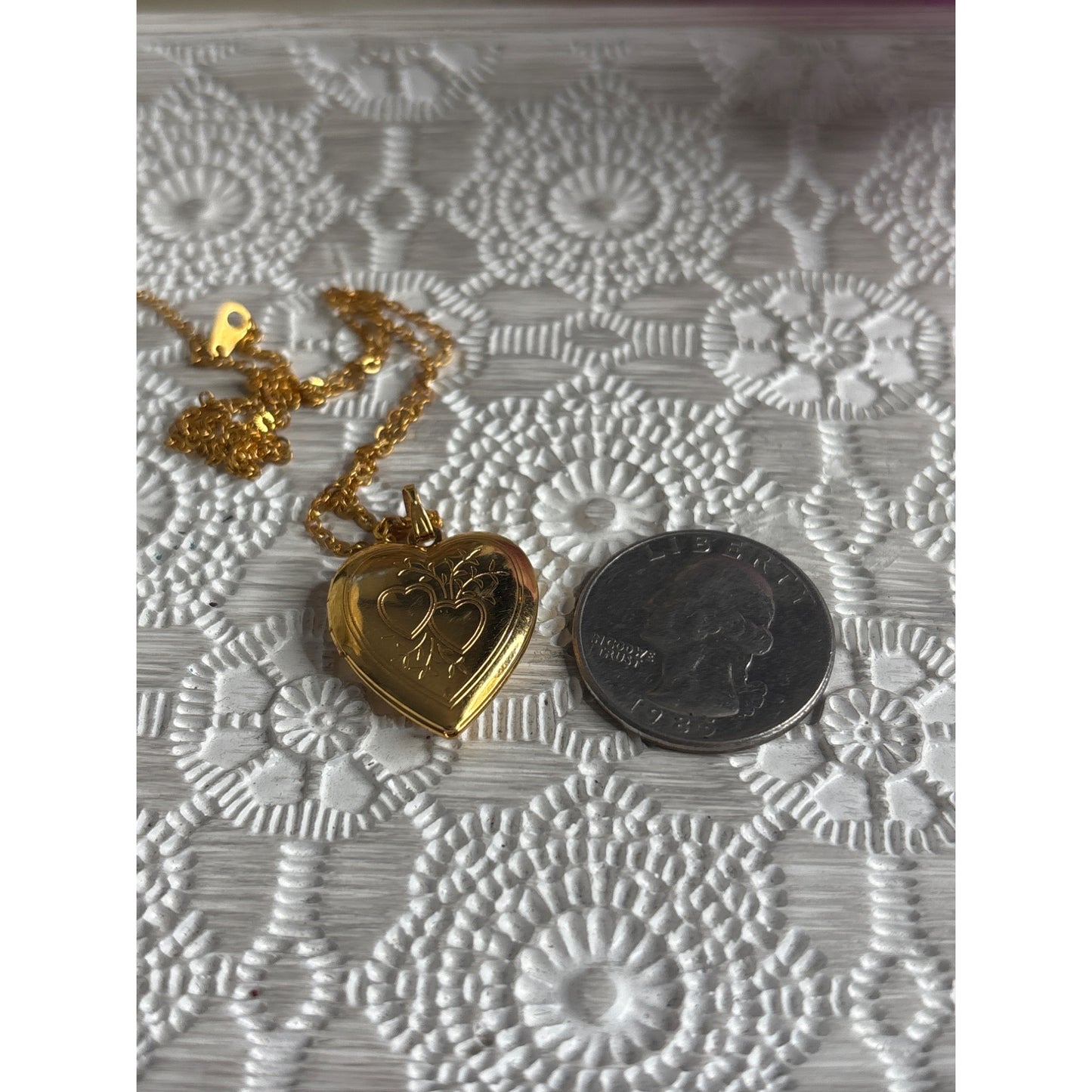 Gold Tone Heart Locket Necklace With Floral Engraving & Chain In Gift Box