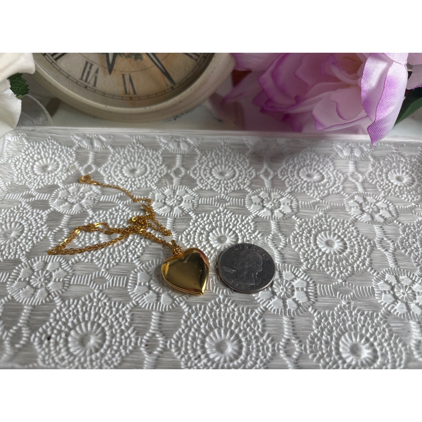 Gold Tone Heart Locket Necklace With Floral Engraving & Chain In Gift Box