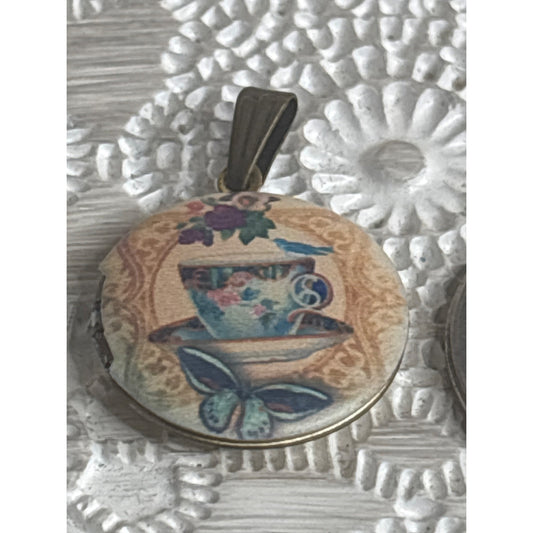 Vintage Photo Locket:  Brass Round Tea Cup Bluebird Butterfly Cozy Handpainted